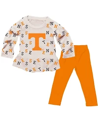 Wes & Willy Girls Toddler 2-Piece Oatmeal Tennessee Volunteers Ruffle Raglan Long Sleeve T-Shirt and Leggings Set