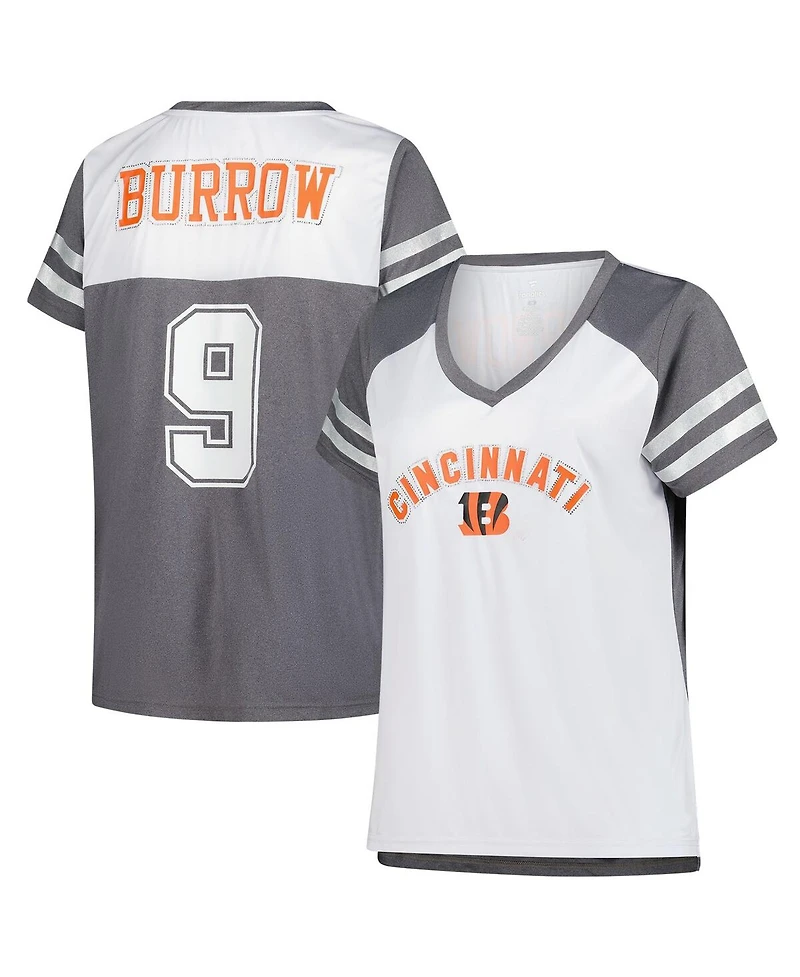 Fanatics Women's Joe Burrow White Cincinnati Bengals Plus Bling Raglan V-Neck T-Shirt