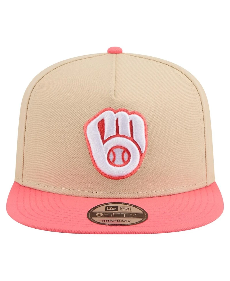 New Era Men's Light Beige/Coral Milwaukee Brewers Color Pack A-Frame 9FIFTY Snapback Hat