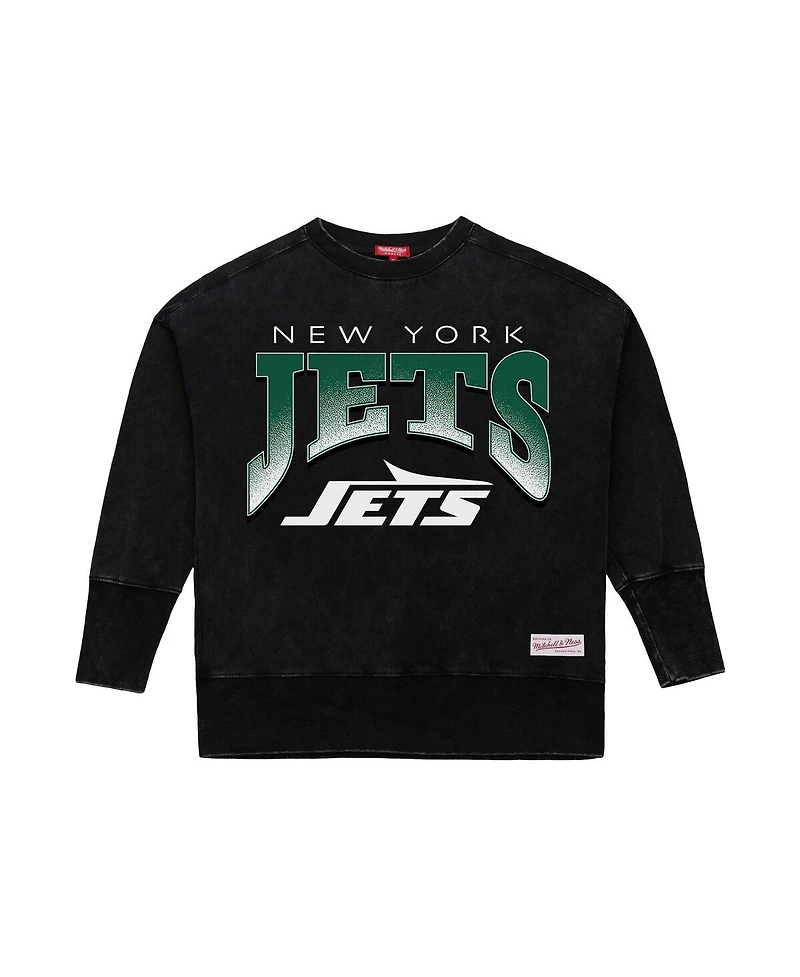 Mitchell & Ness Women's Black New York Jets Delineate Mineral Wash Crewneck Sweatshirt
