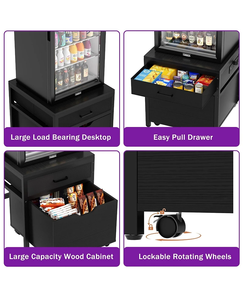 Aheaplus End Table with Charge Station, Mini Fridge Strand Storage Drawers and Rolling Cabinet