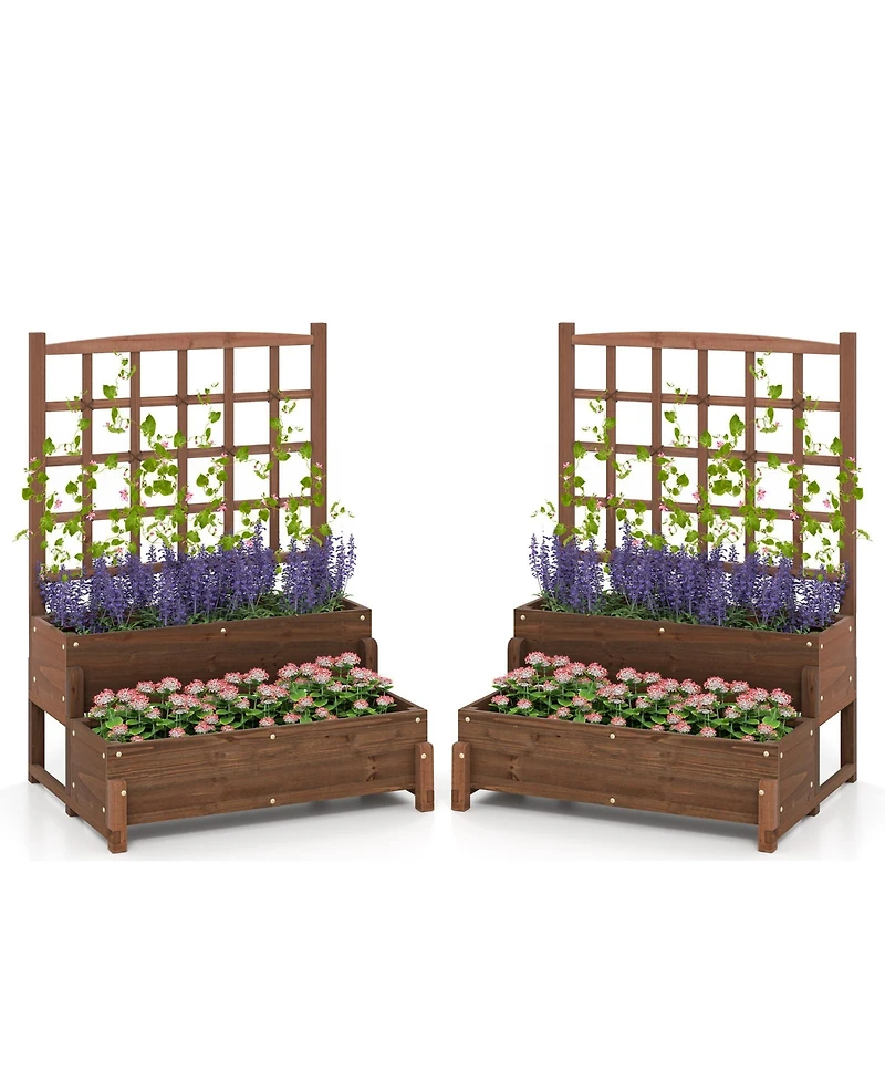 Gymax 2PCS Raised Garden Bed w/Trellis Drainage Holes Legs Twisting Rope for Backyard