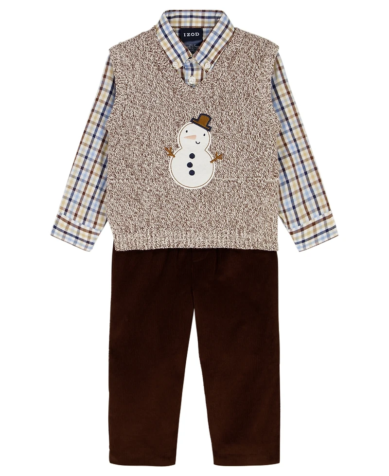 Izod Baby Boys 3-Piece Snowman Sweater Vest, Shirt and Pants Set