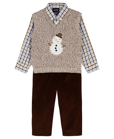 Izod Baby Boys 3-Piece Snowman Sweater Vest, Shirt and Pants Set