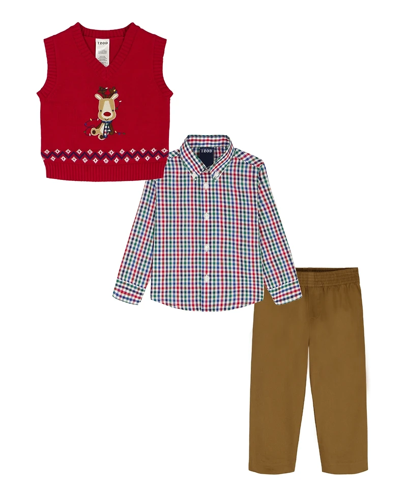 Izod Baby Boys 3-Piece Holiday Reindeer Sweater Vest, Shirt and Pants Set