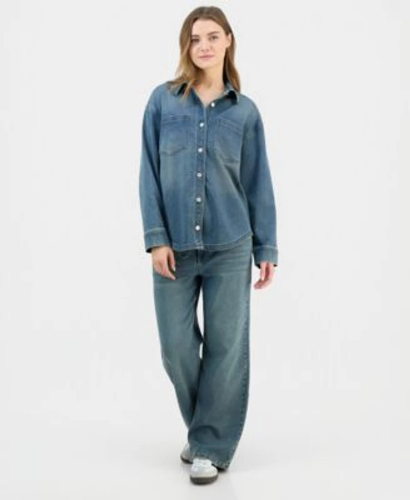 Indigo Rein Juniors Denim Button Up Shirt Wide Leg Jeans