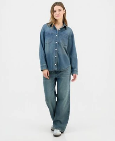 Indigo Rein Juniors Denim Button Up Shirt Wide Leg Jeans