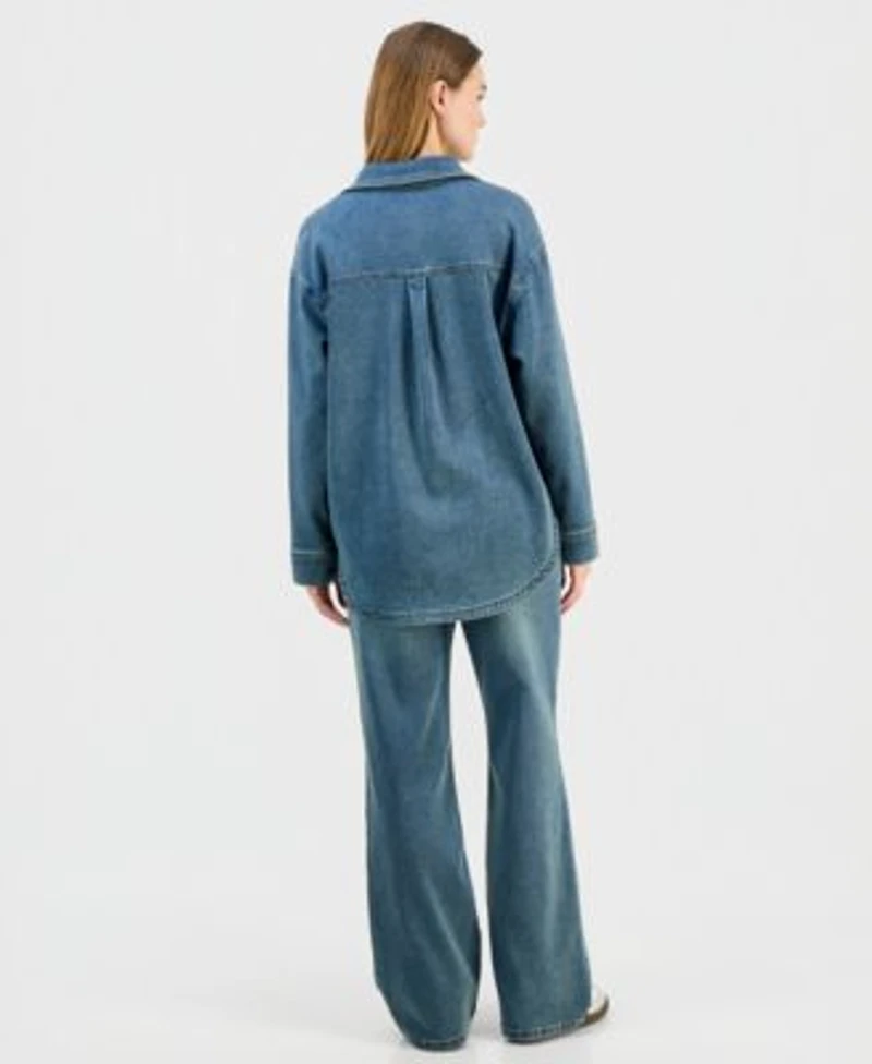 Indigo Rein Juniors Tinted Denim Button Up Shirt Wide Leg Jeans