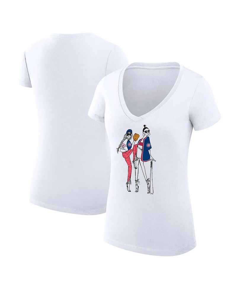 G-iii 4Her by Carl Banks Women's White Chicago Cubs Super-Slim Fit Lightweight Baseball V-Neck T-Shirt