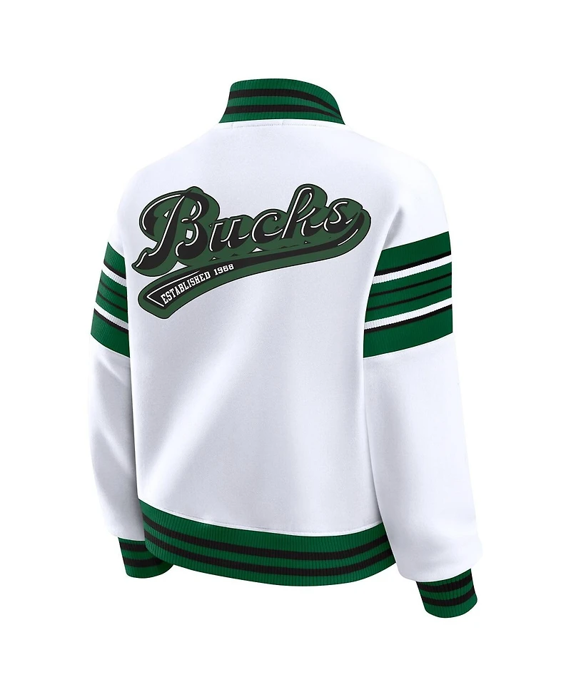 Wear by Erin Andrews Women's White Milwaukee Bucks Snap Front Fleece Sweatshirt