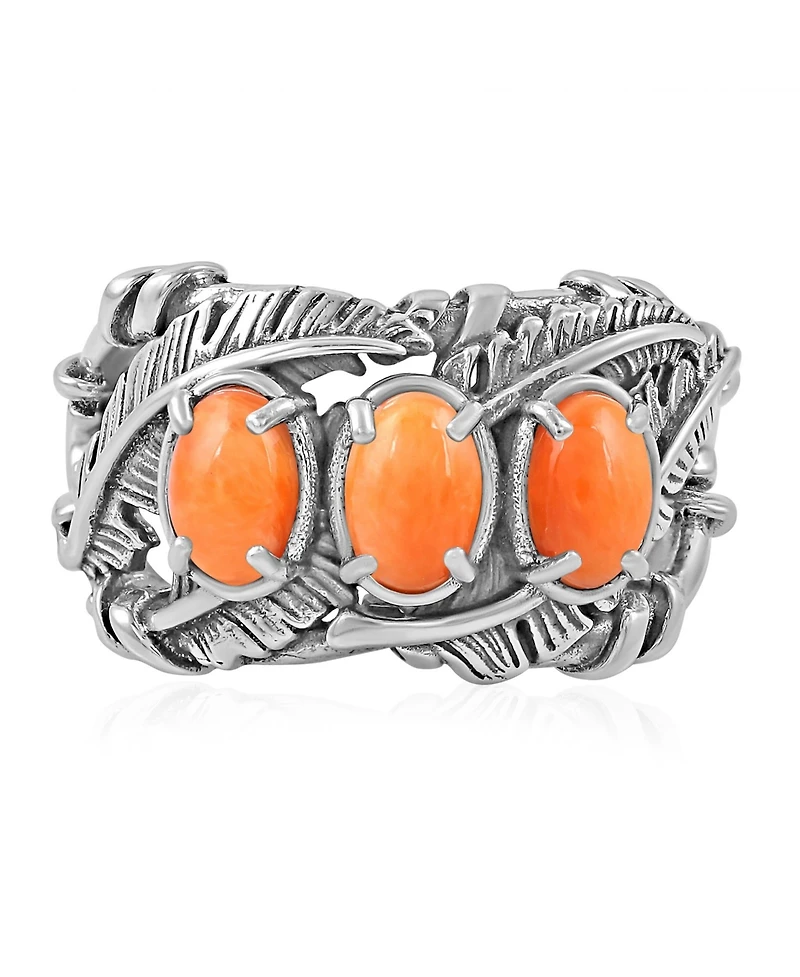American West Jewelry Sterling Silver Orange Spiny Oyster Three Stone Feather Ring,
