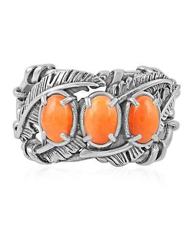 American West Jewelry Sterling Silver Orange Spiny Oyster Three Stone Feather Ring,