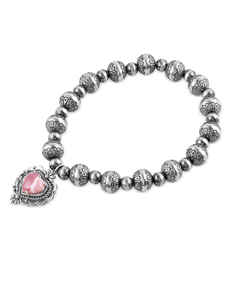 American West Jewelry Sterling Silver Rhodochrosite Heart Charm Bead Bracelet, Sizes Medium to Large
