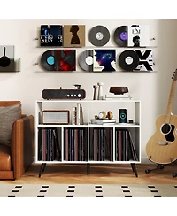 Costway Large Record Player Stand Cabinet with Built-in Power Outlet Open Shelves