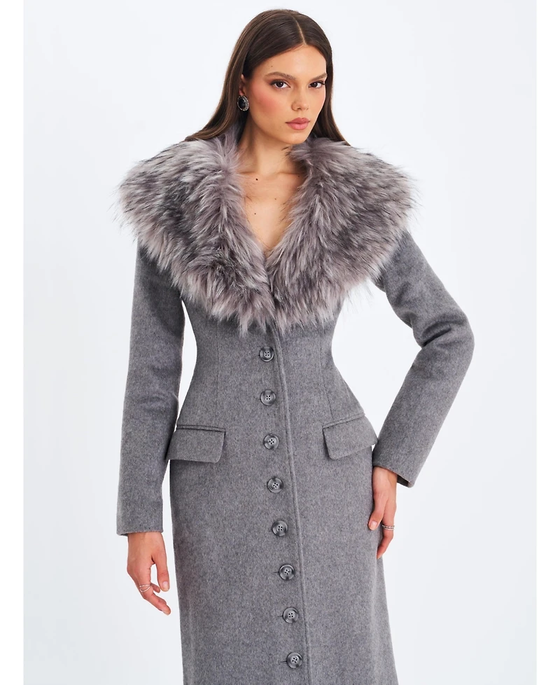 Miss Circle Women's Faye Grey Wool Blend Single-Breasted Coat with Removable Faux Fur Collar