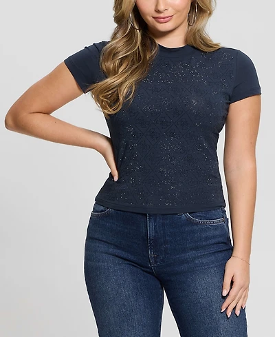 Guess Women's Rhinestone-Logo Mock-Neck Short-Sleeve Top