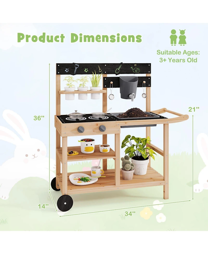 Gymax Mud Kitchen w/ Wheels Outdoor Fir Wood Play Kitchen w/ Blackboard,Planting Pots