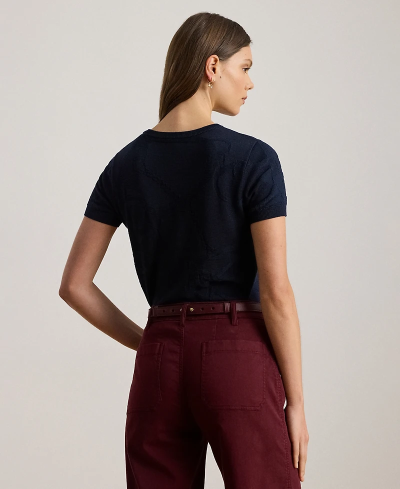 Lauren Ralph Petite Textured Belting-Motif Short Sleeve Sweater