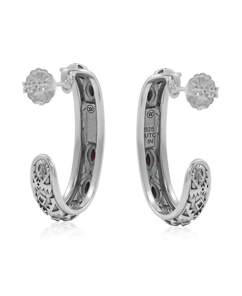 American West Jewelry Sterling Silver Red Jasper Patterned J-Hoop 1 Inch Earrings