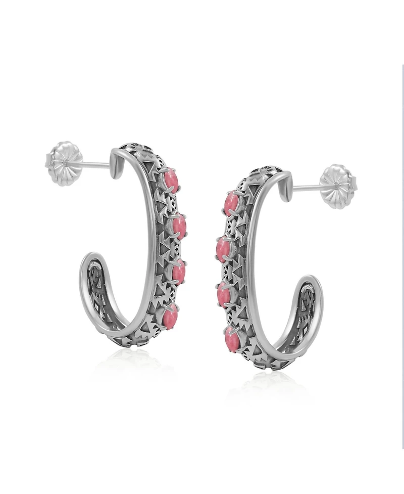 American West Jewelry Sterling Silver Rhodonite Patterned J-Hoop 1 Inch Earrings