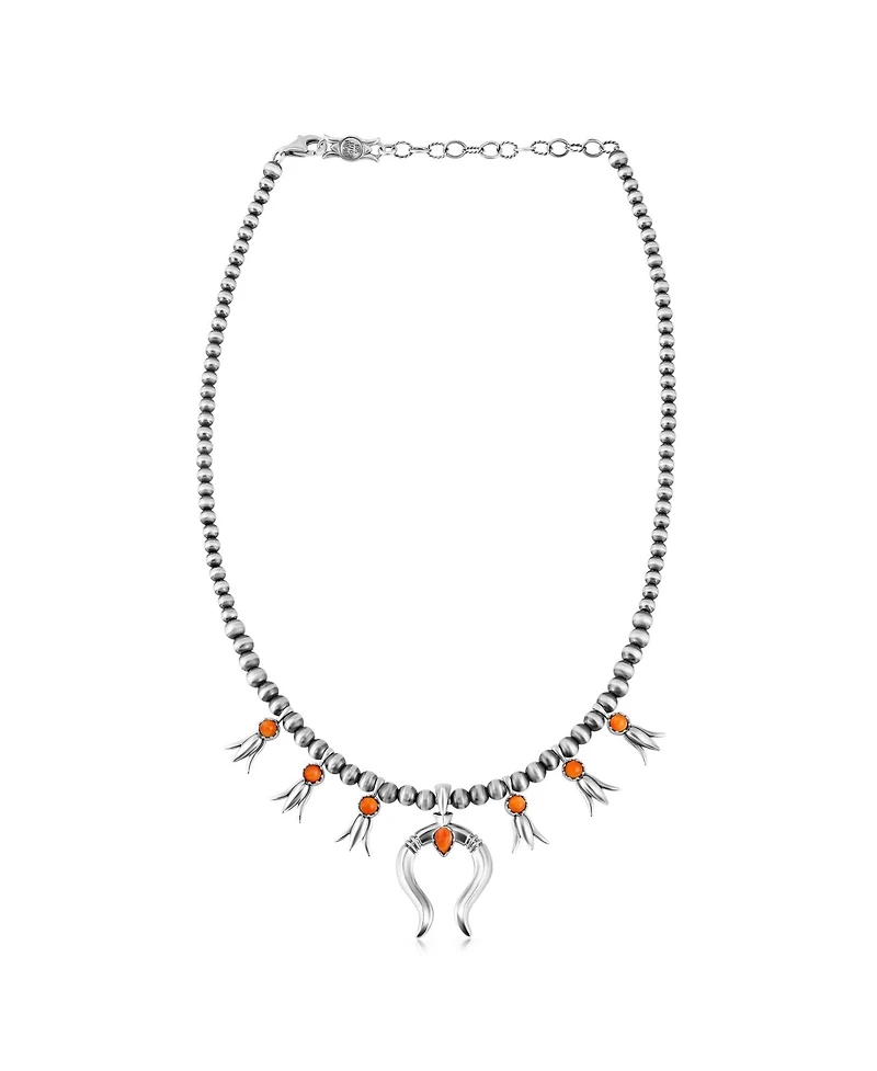 American West Jewelry Sterling Silver Orange Spiny Oyster Beaded Squash Blossom Necklace, 16 to 19 Inches