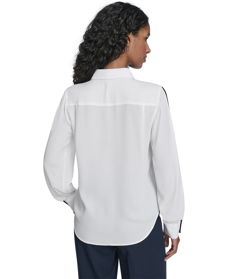 Tommy Hilfiger Women's Long Sleeve Contrast Trim Button-Up Blouse