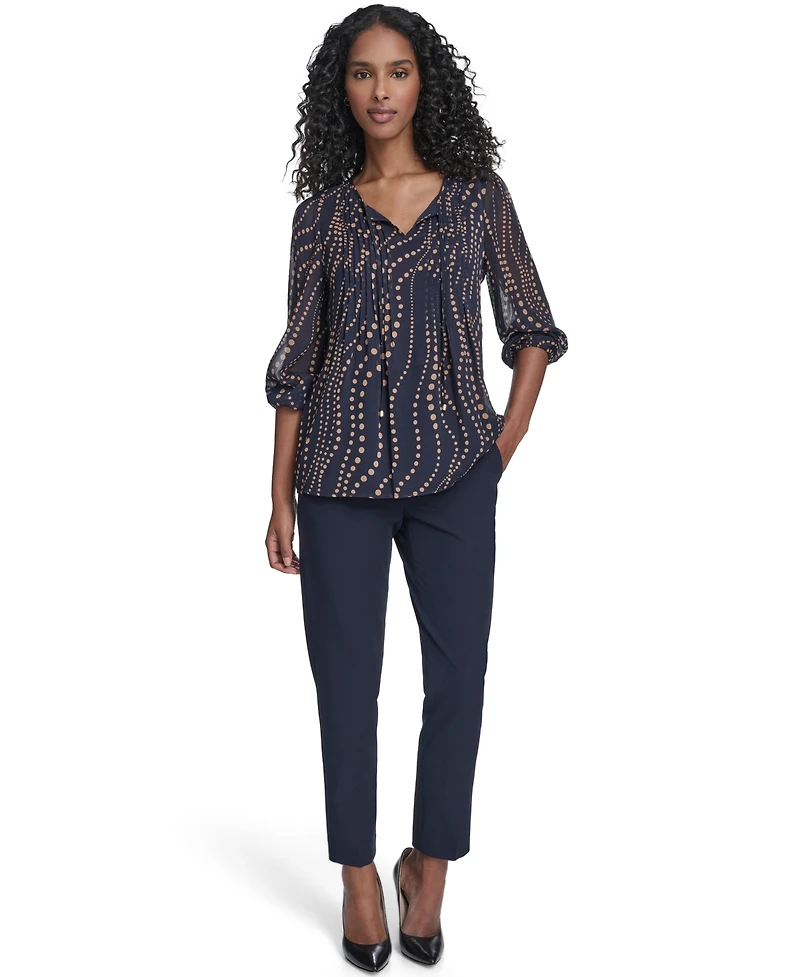 Tommy Hilfiger Women's Cascade Dot Pintuck Long Sleeve Blouse