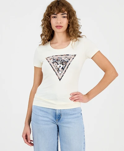Guess Women's Short-Sleeve Leopard Triangle Logo T-Shirt