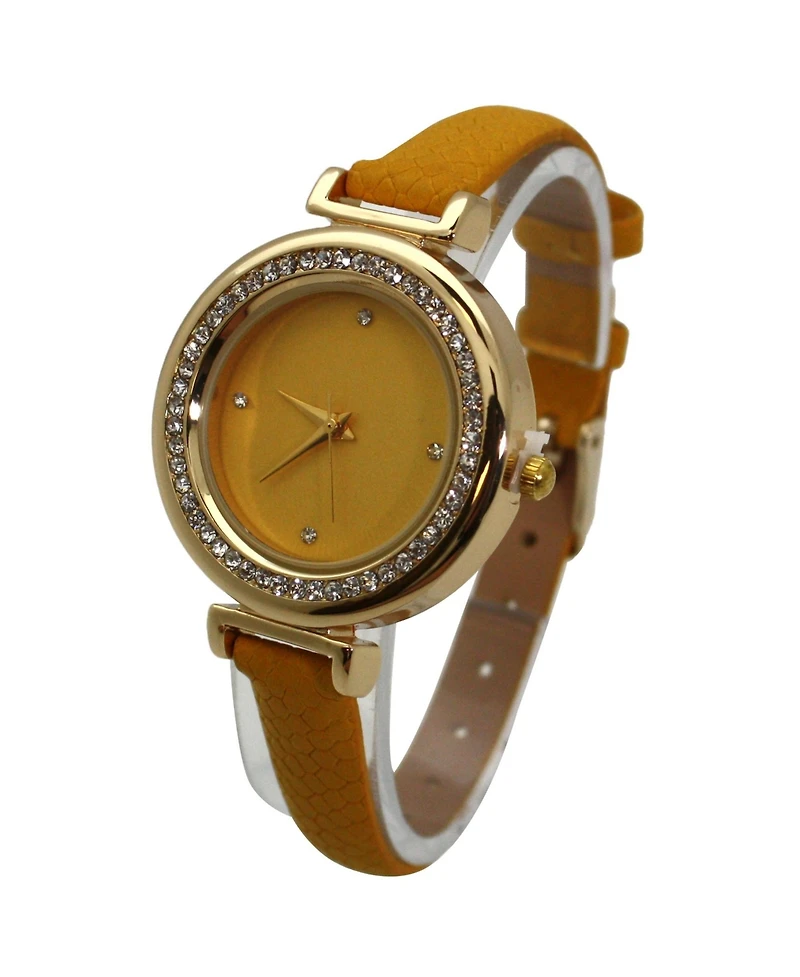Olivia Pratt Yellow Faux Leather Solid Colors and Rhinestones Women Watch