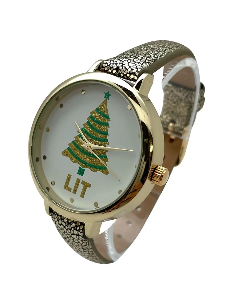 Olivia Pratt Shiny Gold Faux Leather Christmas Themed Women Watches