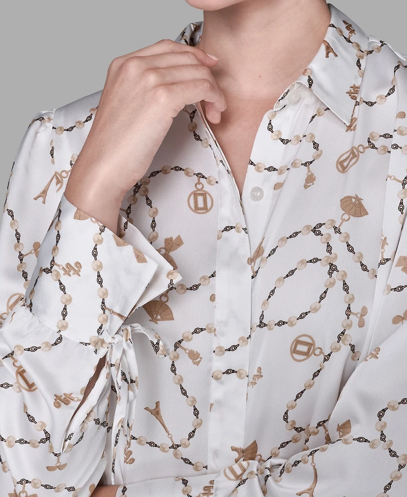 Karl Lagerfeld Paris Women's Collared Printed Long-Sleeve Top