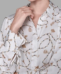 Karl Lagerfeld Paris Women's Collared Printed Long-Sleeve Top