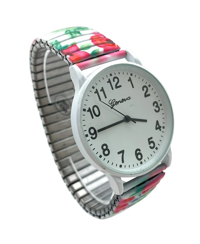 Olivia Pratt White Flowers Big Dial Easy Reader Watch Abstract Elastic Stretch Band Wristwatch Women Watch