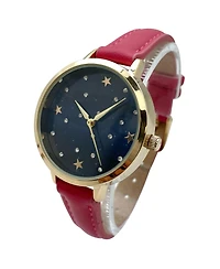 Olivia Pratt Stars and Rhinestones Faux Leather Women Watch, Hot Pink