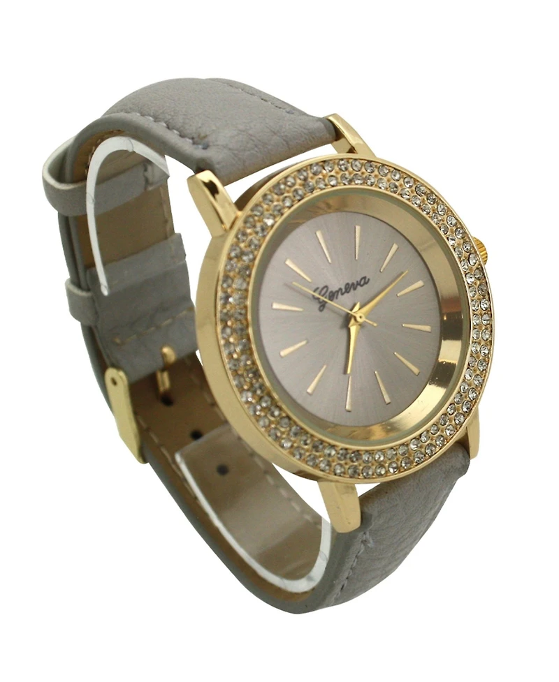 Olivia Pratt Gray Rhinestones Detail Leather Strap Watch