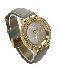 Olivia Pratt Gray Rhinestones Detail Leather Strap Watch