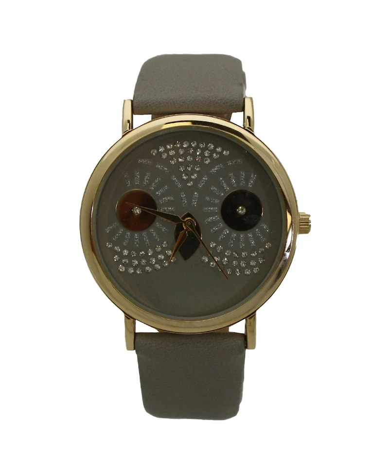 Gray Dazzling Owl Face Leather Strap Watch