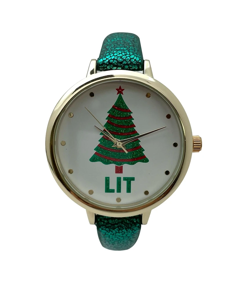 Olivia Pratt Shiny Green Faux Leather Christmas Themed Women Watches