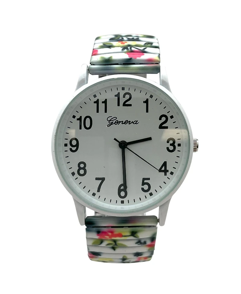Olivia Pratt White Big Dial Easy Reader Watch Abstract Elastic Stretch Band Wristwatch Women Watch