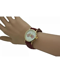 Olivia Pratt Burgundy Bicycle Face Leather Strap Watch