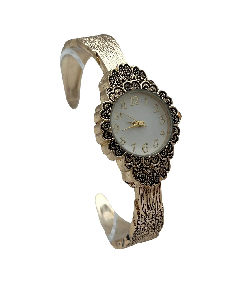 Olivia Pratt Gold Elegant Flower Detailed Face Bangle Women Watch
