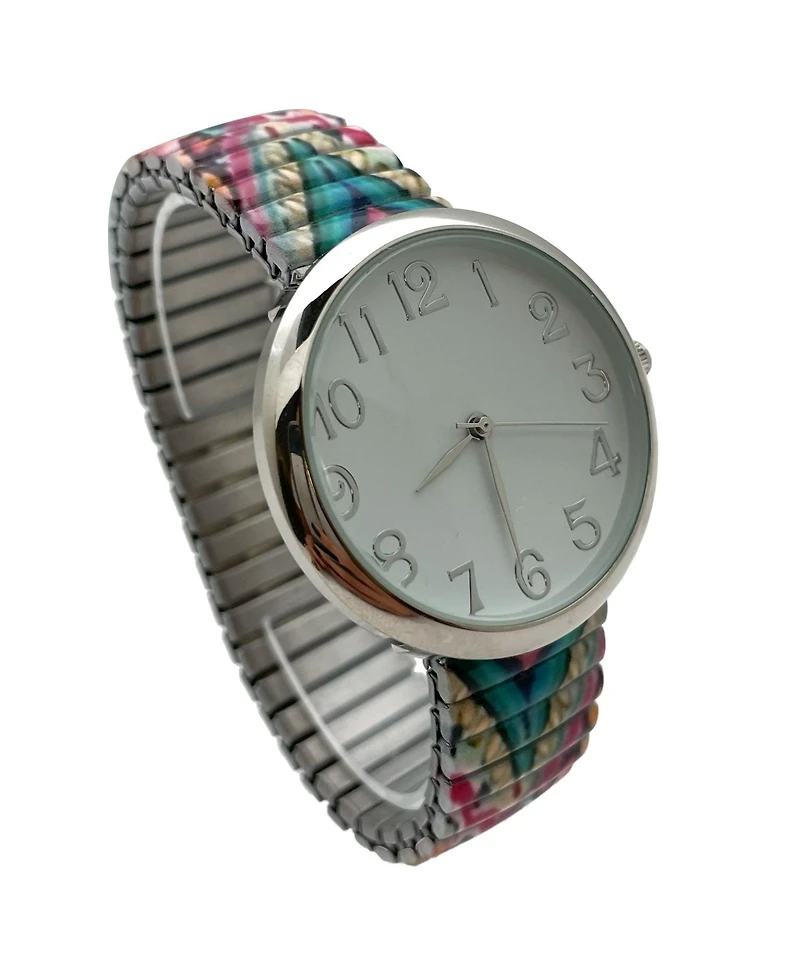 Olivia Pratt Mix Colors Big Dial Easy Reader Watch Printed Elastic Stretch Band Wristwatch Women Watch