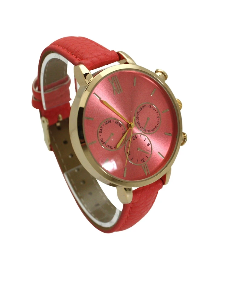 Olivia Pratt Coral Pink Three Subdial Gold Accented Leather Strap Watch
