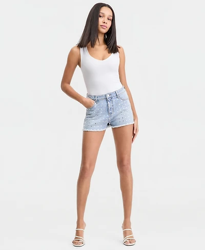 Bar Iii Women's Rhinestone Embellished High-Rise Denim Shorts, Macy's Exclusive