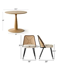 3-Piece 34.5 Inch Round Dining Set with Wood-Look Pedestal Table and 2 Upholstered Rattan Back Chairs with Black Metal Legs-Maison Boucle