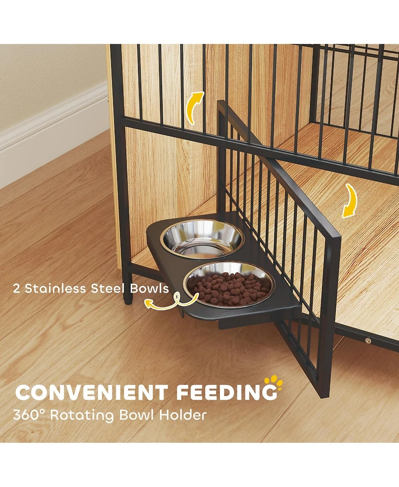 PawHut Dog Crate Furniture 30 in Dog Kennel Table with Rotatable Bowls,