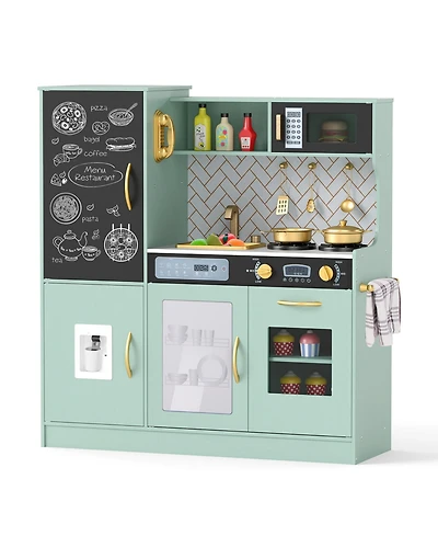Gymax Play Kitchen Toy Set w/ Chalkboard Oven Sink Curtain Microwave Water Dispenser