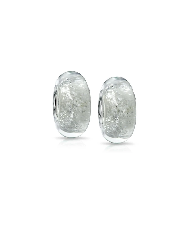Bling Jewelry Set of 2 White Murano Glass Charm Bead with Glitter Foil and Sterling Silver Core