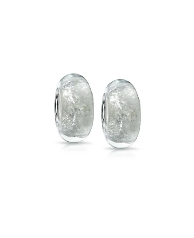 Bling Jewelry Set of 2 White Murano Glass Charm Bead with Glitter Foil and Sterling Silver Core
