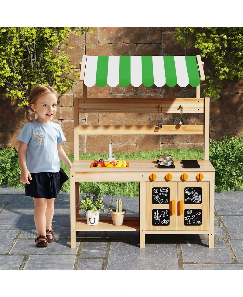 Gymax Kids Mud Kitchen Outdoor Wooden Pretend Play Kitchen w/ 4 Stoves, Canopy Faucet